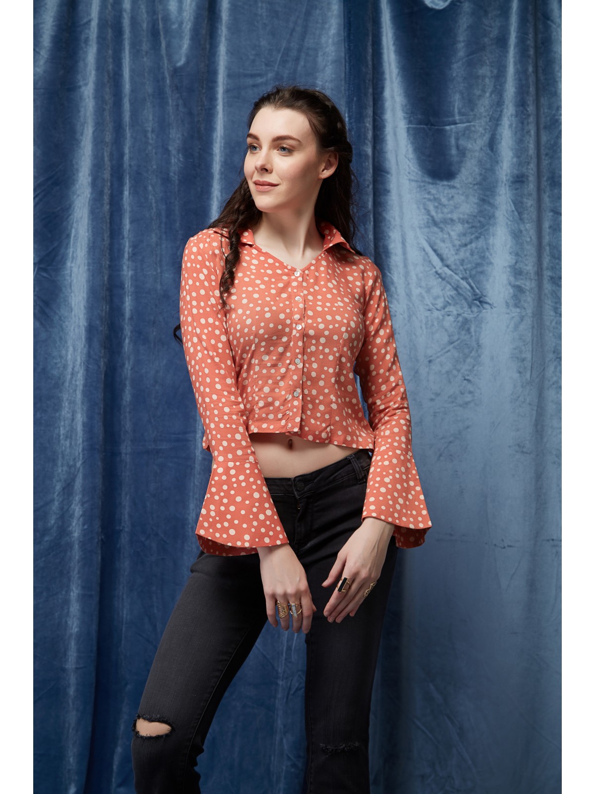 Japonica Polkadots Bell Sleeve Crop Shirt